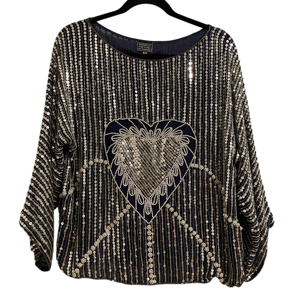 VINTAGE Blue Silk Silver Sequins Pearl Heart Motif Beaded Blouse 70s 80s